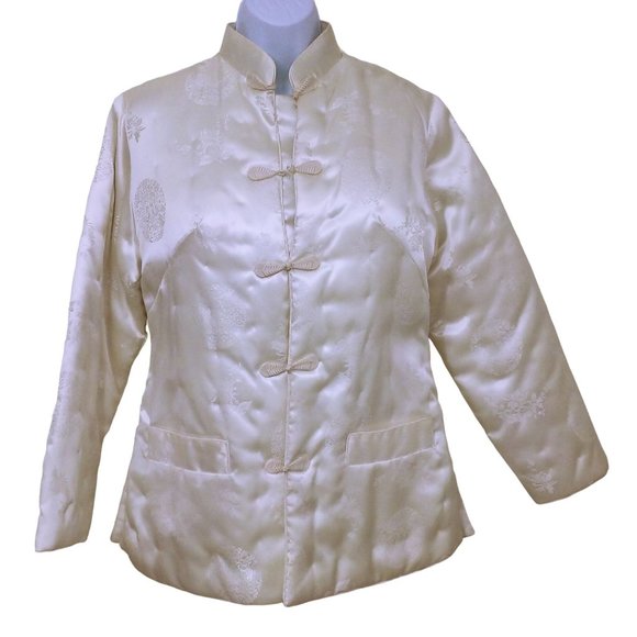 Vintage 80s NWT Fortune Quilted Jacket L Asian Brocade Pockets Frogs Satin Ivory - Picture 1 of 11